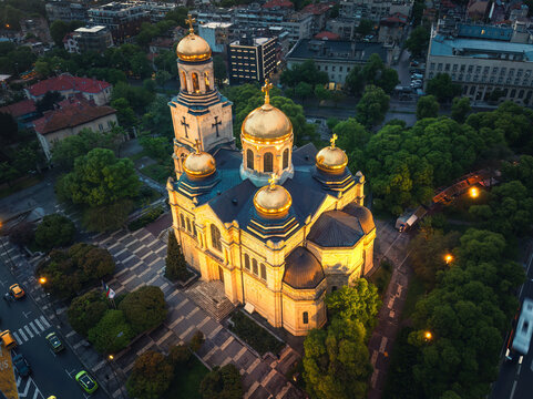 Aerial view of the Cathedral of the Assumption with golden domes in Varna city Bulgaria