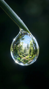 Macro photography of a shimmering water droplet on grass reflecting a tiny lush forest landscape