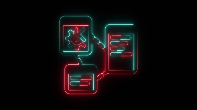 Neon glowing data synchronization icon on black background