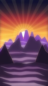 Pixel art mountain range at sunrise, vibrant orange sunburst, purple peaks, hazy mist, retro digital landscape, motion graphic loop