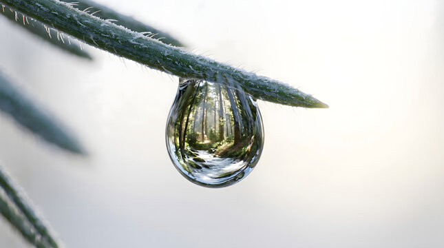 water droplet on frosted pine needle reflecting forest landscape macro photography close up