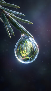 Surreal water droplet on pine needle refracting a miniature sunlit forest scene against dark background