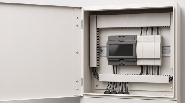 Open electrical control cabinet with internal electronic components and wiring on a wall