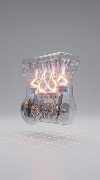 A conceptual 3D render of a transparent four cylinder internal combustion engine with glowing orange effects
