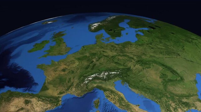 Animation of airplane flying from London to Helsinki across European continent on rotating globe.