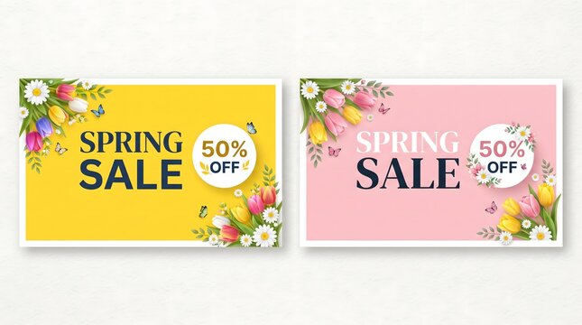 Spring sale banner set with flowers and 50 percent off discount