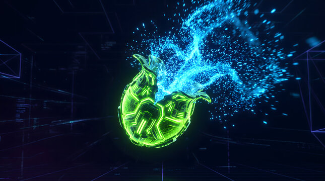 Futuristic Green Mechanical Core Bursting With Blue Digital Energy In A Dark Wireframe Virtual World