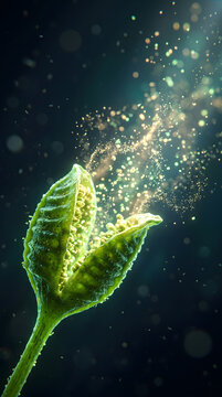 Ethereal Green Seed Pod Releasing Shimmering Golden Particles Against A Dark Bokeh Background