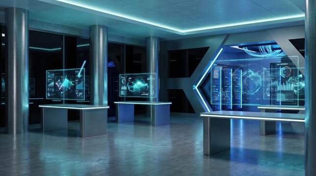 Modern aquarium display with geometric glass tanks showcasing marine life in a futuristic commercial lobby