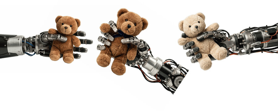 Robotic hands holding cute teddy bears, futuristic cyborg arms with plush toys technology and care concept isolated white, high detail PNG art!!!

