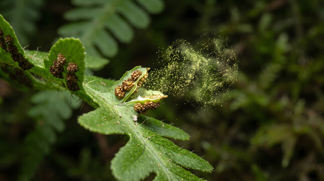 Macro view of a green fern leaf releasing a cloud of yellow spores from brown sori