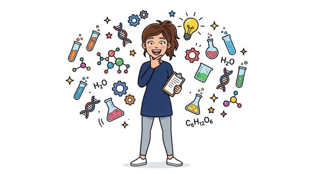 Scientist girl with science icons and eureka moment