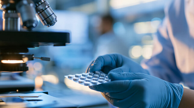 Hands of a european quality control specialist examining blister packs, bright modern pharmaceutical laboratory, strict hygiene safety measures, pharmaceutical manufacturing
