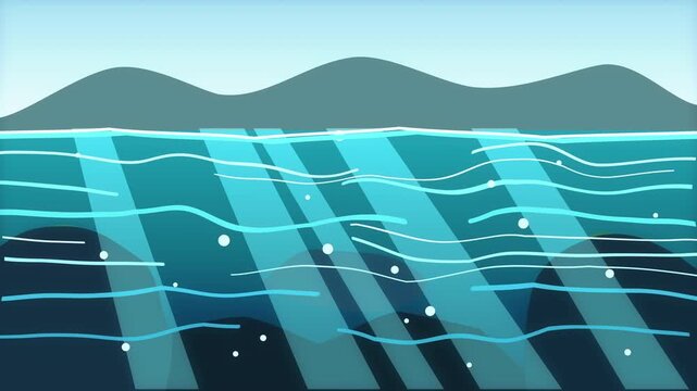 Pixel art animation of underwater sun rays penetrating ocean surface, mountain backdrop