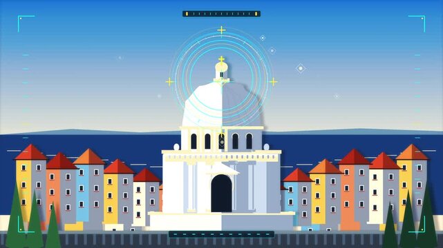 Pixel art cityscape with a domed building, colorful houses, and a digital halo effect