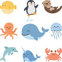 Cute Sea Animals Collection Cartoon Illustration. Adorable marine animal characters set featuring friendly ocean creatures in a colorful kawaii cartoon style © Yatno