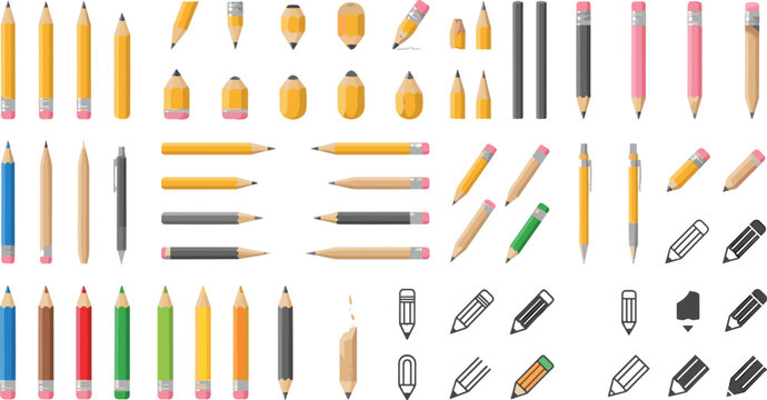 Large yellow and colored pencil icon set with sharpener eraser and line art writing symbols isolated on white background for school design