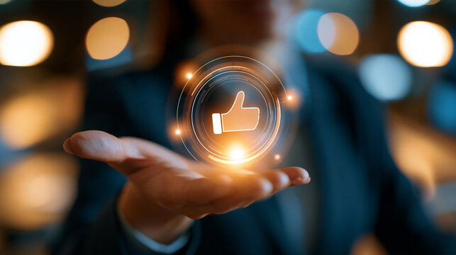 Close up of a european analyst's hand holding a glowing recommendation icon, bright modern office, personalized data engine concept, consumer choice analytics, intelligent