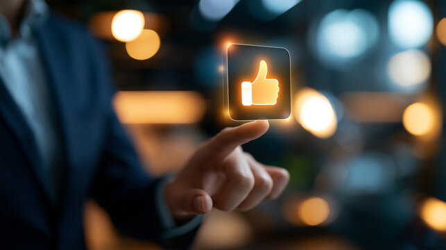 Close up of a european analyst's hand holding a glowing recommendation icon, bright modern office, personalized data engine concept, consumer choice analytics, intelligent