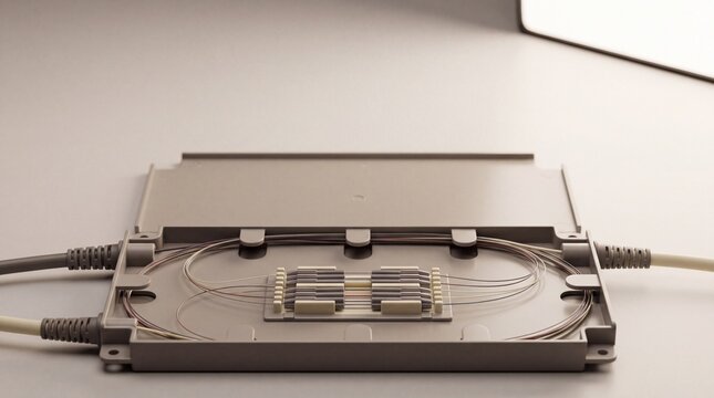 Open optical fiber splice tray with organized thin cables connected inside a plastic enclosure