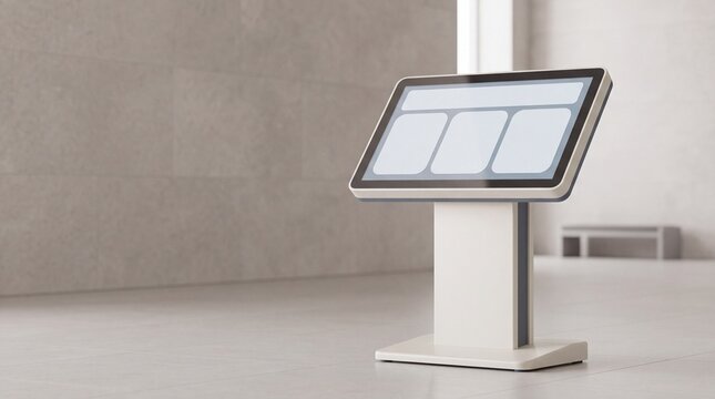 Interactive digital information kiosk with blank screen standing in a modern bright open room