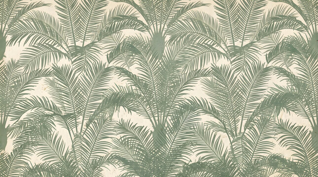 Flat seamless print of overlapping cycad frond silhouettes in soft sage tones on light aged paper background full coverage design suitable for invitation and stationery print design
