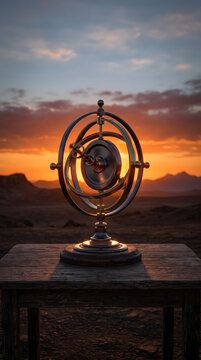 A polished metallic armillary sphere on a rustic wooden table against a vibrant desert sunset