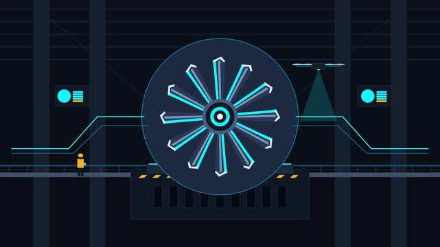 Pixelated turbine fan spins with blue glowing blades in dark industrial room, futuristic machine