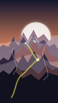 Pixelated mountain landscape with glowing lines and large sun at dusk, abstract motion