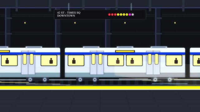 Pixel art train arriving at station platform, animated subway motion graphic loop