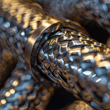 Detailed macro image of braided stainless steel hose with oil drop high gloss shot on Canon EOS R5 style raw