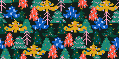 Obraz premium Hand-drawn vintage, retro style Christmas seamless pattern. Christmas design elements, decorations, trees, stars, snowflakes, baubles. Bright colorful forest.