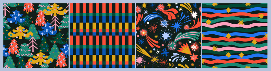 Obraz premium Hand-drawn vintage, retro style Christmas seamless pattern. Christmas design elements, decorations, trees, stars. Bright colorful forest. Geometric pattern.