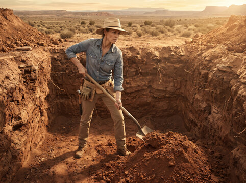 Woman digging a deep pit she is standing in, illustrating the concept of self-sabotage and poor financial risk management.