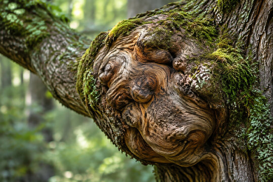Close-up of a twisted burl on an ancient tree branch with moss.