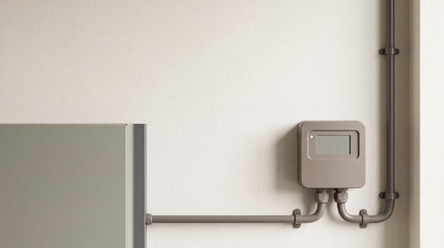 Digital control unit mounted on a white wall with connected electrical conduits with mounted plain
