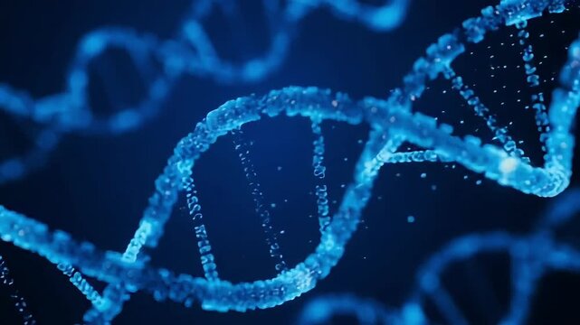3D Blue DNA Double Helix with Glowing Molecular Particles on Dark Background, Genetics and Biotechnology Concept