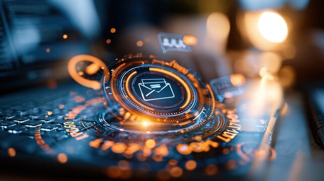 Futuristic Digital Email Icon Interface with Glowing Orange and Blue Abstract Technology Background