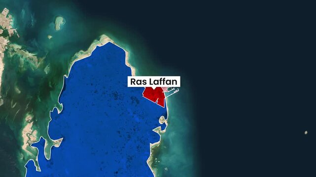 Animated map highlights Ras Laffan industrial city on Qatar's coastline