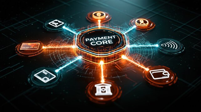 Abstract Hexagonal Core Hub Connecting Various Digital Payment Methods and Financial Transactions