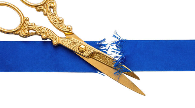 Ornate Gold Scissors Cutting Blue Ribbon Ceremony PNG, Isolated on a Transparent Background