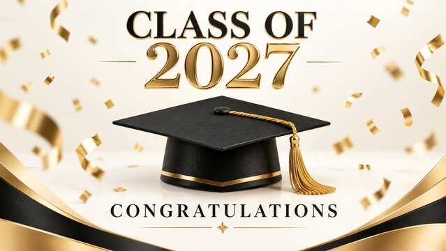 Elegant graduation celebration background for class of 2027 featuring a graduation cap and festive accents