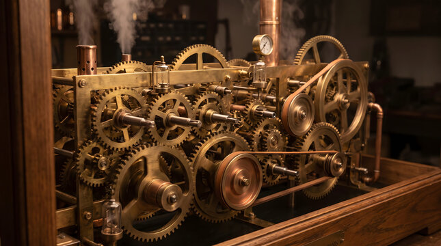 Complex antique steampunk contraption featuring interlocking brass cogs and leather belts with rising steam