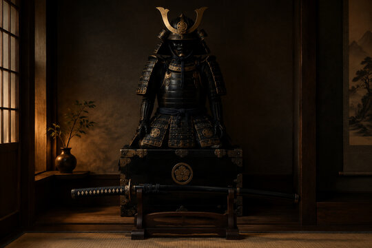 Bushido still life with samurai armor and katana in dark alcove