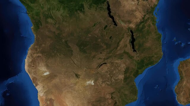 Global map zoom into African continent revealing location of Lusaka Zambia with coordinates.