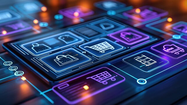 Futuristic digital interface displaying e-commerce icons and shopping carts on a modern device