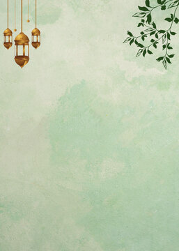 Wedding Invitation Textured Light Green and Gold Lanterns Background