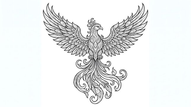 Phoenix bird line art illustration with spread wings on a white background