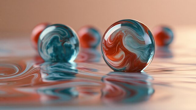 Macro shot of swirling red and blue marbles reflecting on a wet, glossy surface with a shallow depth of field