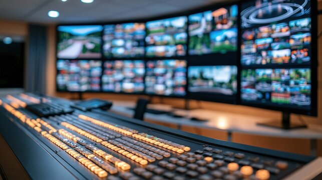 Broadcasting control room with multiple screens and audio mixer for live production